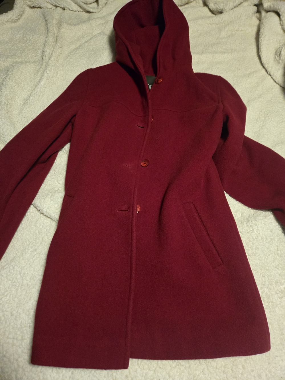 Women's Red Hooded Wool Pea Coat